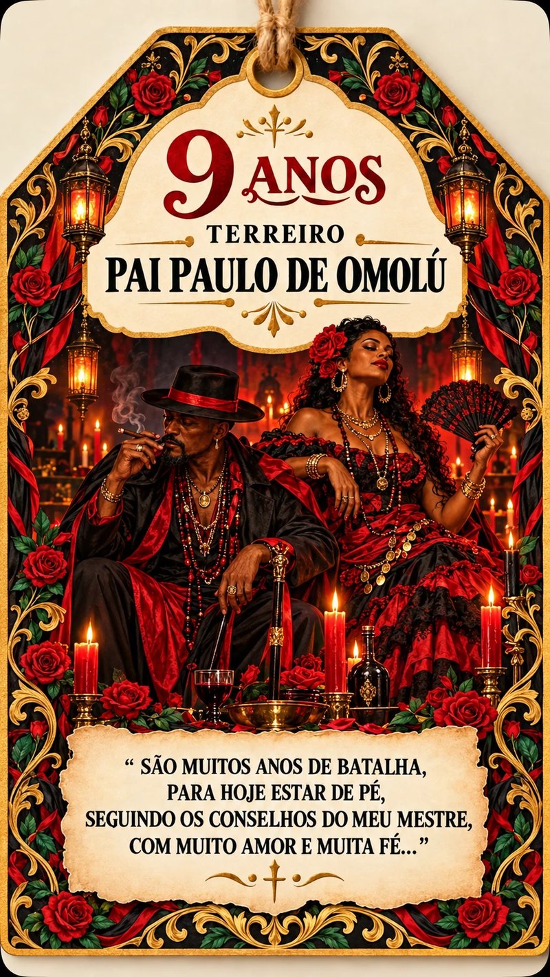Arte comemorativa dos 9 anos da casa, com Seu Tranca Rua e Dona Maria Padilha (imagem ilustrativa)